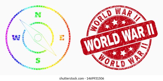 Pixel rainbow mosaic compass mosaic pictogram and World War Ii watermark. Red vector round textured watermark with World War Ii message. Vector combination in flat style.