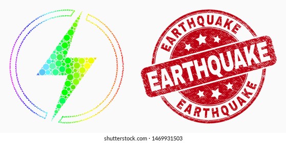Pixel rainbow mosaic electricity mosaic pictogram and Earthquake seal stamp. Red vector rounded grunge stamp with Earthquake caption. Vector collage in flat style.