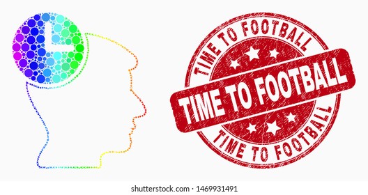 Pixel rainbow mosaic head clock mosaic pictogram and Time to Football seal stamp. Red vector rounded distress seal stamp with Time to Football phrase. Vector collage in flat style.