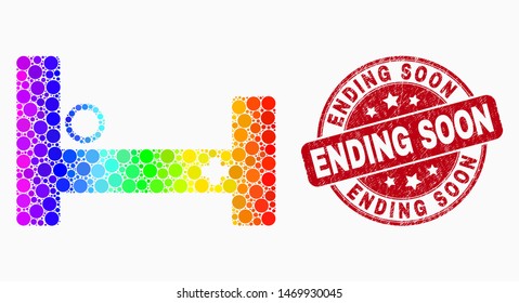 Pixel rainbow mosaic hospital bed mosaic icon and Ending Soon stamp. Red vector round textured stamp with Ending Soon phrase. Vector collage in flat style.