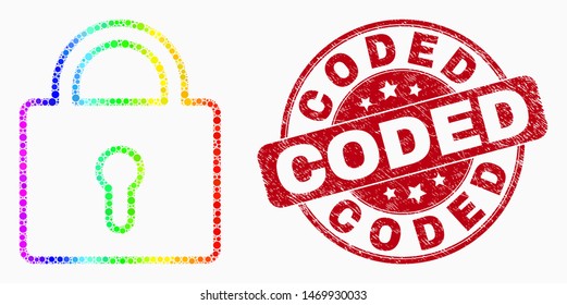 Pixel rainbow mosaic lock mosaic pictogram and Coded seal. Red vector round distress seal stamp with Coded caption. Vector combination in flat style.
