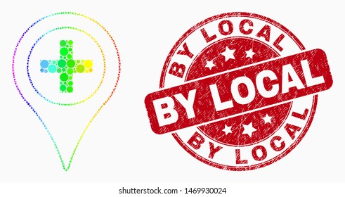 Pixel rainbow mosaic medical map marker mosaic pictogram and By Local seal. Red vector rounded distress seal with By Local message. Vector composition in flat style.