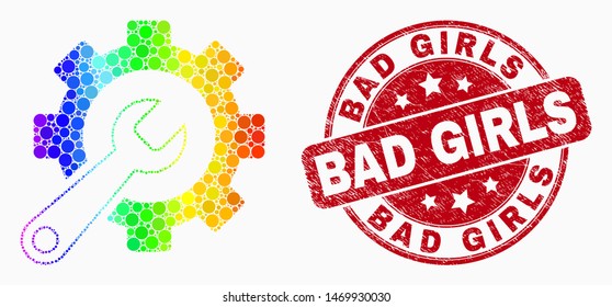 Pixel rainbow mosaic service tools mosaic icon and Bad Girls stamp. Red vector round scratched stamp with Bad Girls phrase. Vector combination in flat style.
