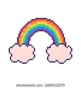 Pixel rainbow with two fluffy clouds. Hand drawn vector illustration.