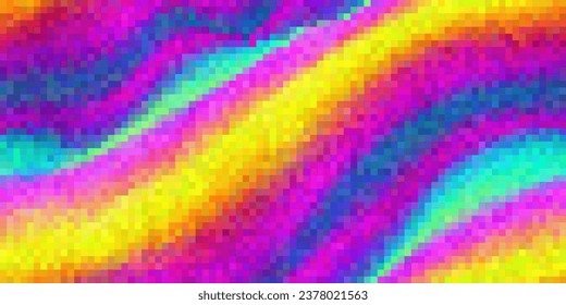 Pixel rainbow waves pattern. Abstract seamless pixelart mosaic in vivid colors. Blurred multicolor gradient background with dithering. Vector illustration in 16 bit retro style.