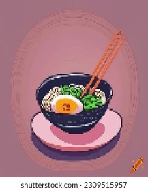 Pixel ramen noodles pink background 