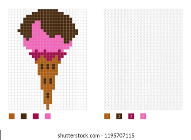 Pixel raspberry ice cream with waffle cone in the coloring page with numbered squares, vector illustration