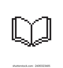 Pixel reading icon. Minimal open shape. Retro black form. Vector library object.