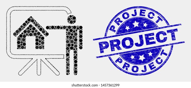Pixel realtor public report mosaic icon and Project stamp. Blue vector round textured stamp with Project text. Vector collage in flat style.
