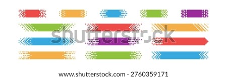 Pixel rectangle header. Pixel gradient title set. Horizontal stripe geometric mosaic banner. Abstract game digital pattern. Web color title shape. Vector illustration isolated on white background.