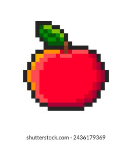 Pixel red apple isolated on white background. Pixelated sticker. Slot machine or video game item. Fruit icon. Vector pixel art illustration in 8 bit old style.