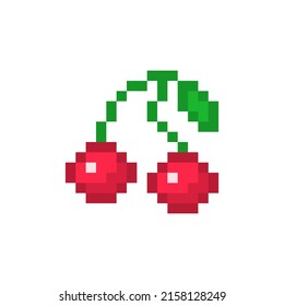 Cerezas rojas de píxeles en la rama. Dulces amargas dos bayas con hojas verdes. Fruta madura para el postre y diseño de juegos vectoriales de 8 bits