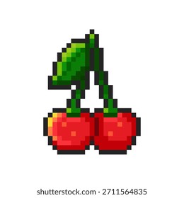 Pixel de cerezas rojas aisladas sobre fondo transparente. Insignia pixelada, activo de juego o elemento de arcade de computadora. Icono de fruta. Ilustración de comida de arte de píxeles de Vector en estilo antiguo de 16 bits.