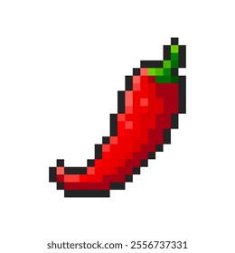 Pixel red chili pepper isolated on transparent background. Pixelated badge, game asset or computer arcade item. Vegetable icon. Vector pixel art illustration in 16 bit old style.