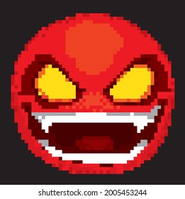 pixel red face of a demon with yellow eyes laughing vector illustration