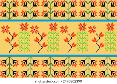 Pixel red flowers on yellow background seamless pattern used for fabric design and home decoration example dress, pillow cover. 