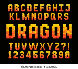 Pixel red font Video computer game design 8 bit letters and numbers Electronic futuristic style Vector abc