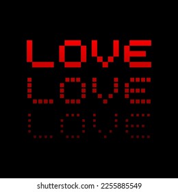 Pixel red gradient word Love. Text, inscription. Color silhouette. Horizontal front view. Editable pixels. Vector simple flat graphic illustration. Isolated object on a black background. Isolate.