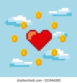 Pixel Red Heart With Gold Coins Around Over Sky Background. Video Game Interface Design. Colorful Design. Vector Illustration