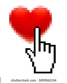Pixel red heart and hand with forefinger isolated on white. Like computer icon and Valentine's Day symbol. Vector illustration