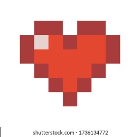 Pixel red heart icon isolated on white background. Vector illustration. Pixel art style 8-bit. Heart object to use in computer game, websites. Minimalistic pixel graphic romantic object symbol of life