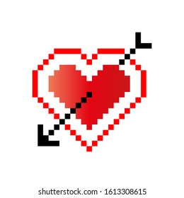 Pixel red heart pierced by a black arrow. Vector drawing. Isolated object on a white background. Isolate.