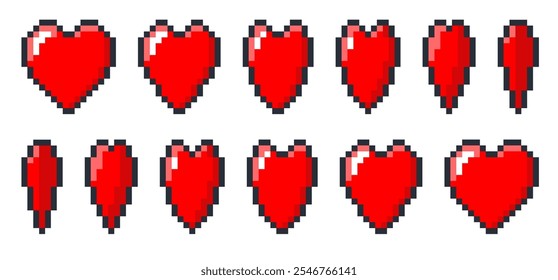 Animación de rotación de corazón rojo de píxeles. Secuencia de fotogramas con signo de juego de 8 bits en movimiento. Gráficos de computadora retro. Activo de arcade de interfaz de usuario. Iconos románticos. Símbolos giratorios del día de San Valentín