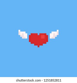 Pixel red heart with white wing.Valentine.8bit.