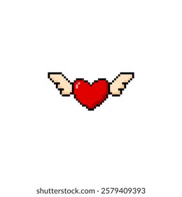 Pixel red heart with wings, retro style 80s - 90s. Valentine's Day. 8 bit icon. Trendy decorative element For game design, love, sticker or logo. Isolated background.