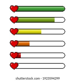 Pixel red hearts and a health scale color indicator isolated on white background. Pixel game 8 bit health heart life bar icons set. Gaming controller vector illustration