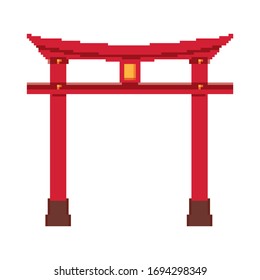 Pixel red Japanese gate. Pixel art 8 bit vector illustration.