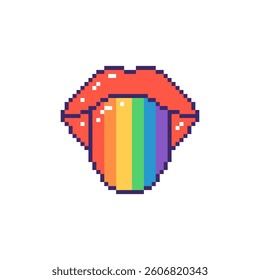 Pixel red lips with rainbow tongue. Hand drawn vector illustration.