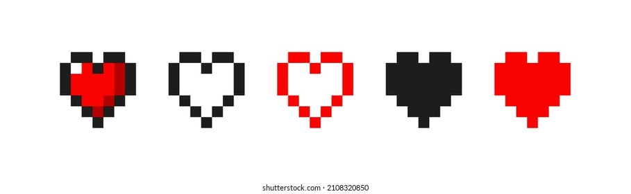 Pixel red love heart icon design template. Arcade game energy health low to full life symbol. Romance valentine art.