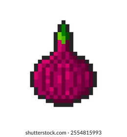 Pixel red onion isolated on transparent background. Pixelated badge, game asset or computer arcade item. Vegetable icon. Vector pixel art illustration in 16 bit old style.