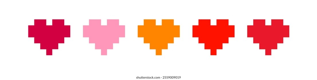 Pixel red, pink hearts set in pixel art style. Different hearts collection. Retro game, interface concept. Vector graphic on white background