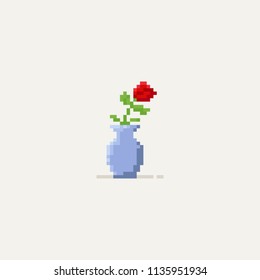 Pixel red rose in the vase.8bit.flower.
