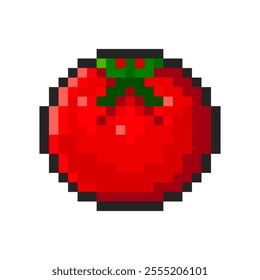 Pixel red tomato isolated on transparent background. Pixelated badge, game asset or computer arcade item. Vegetable icon. Vector pixel art illustration in 16 bit old style.