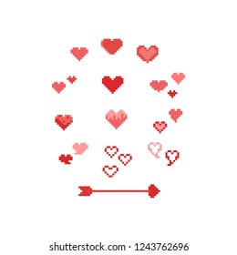 Pixel red valentine heart set.8bit.