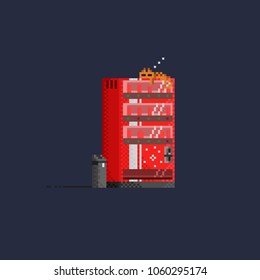 Pixel red vending machine with sleeping cat on top and bin on the side. 8 bit art vector illustration.