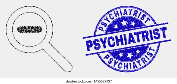 Pixel reduce scale mosaic pictogram and Psychiatrist seal stamp. Blue vector round distress seal stamp with Psychiatrist message. Vector composition in flat style.