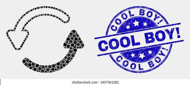 Pixel refresh arrows mosaic pictogram and Cool Boy! stamp. Blue vector rounded scratched seal with Cool Boy! phrase. Vector composition in flat style.