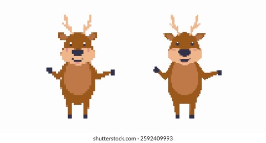 Pixel reindeer standing, each with antlers. both appear in animated style, showcasing cute expressions.