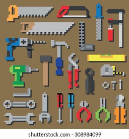 Pixel repair and construction working tools pixel icon set in vector