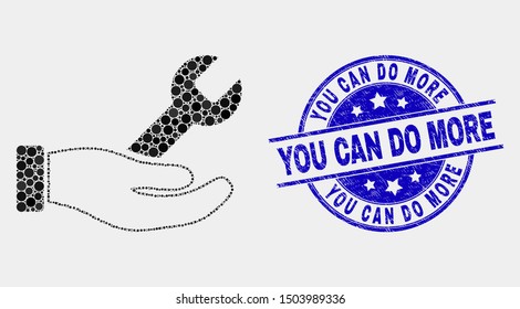 Pixel repair hand mosaic icon and You Can Do More seal. Blue vector round distress seal stamp with You Can Do More title. Vector collage in flat style.