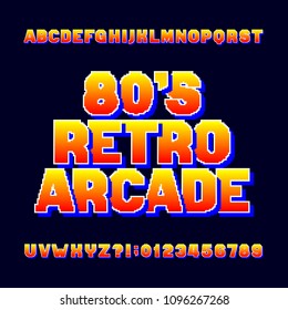 Pixel retro alphabet font. Video computer game letters and numbers. 80's arcade game typeface.