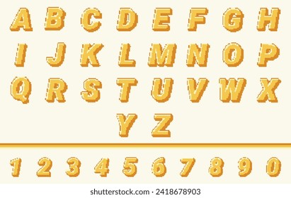 pixel retro alphabet letter and number, arcade game style font. letters and numbers in pixelated 8 bit design, vector illustration