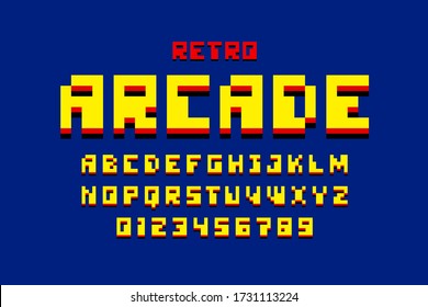 Pixel retro arcade game style font, 80s alphabet, letters and numbers vector illustration