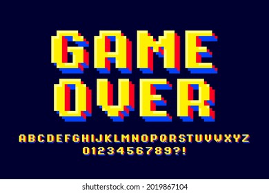 Diseño de fuente de estilo de juego de arcada Pixel retro, alfabeto 3d, letras y números ilustración vectorial