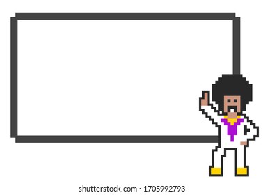 Pixel retro disco dancer character with signboard vector illustration.