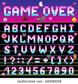 Pixel Retro Font Computer Game Design 8-16 Bit Letters And Numbers Electronic Futuristic Vector Abc Typeface Digital Alphabet Print